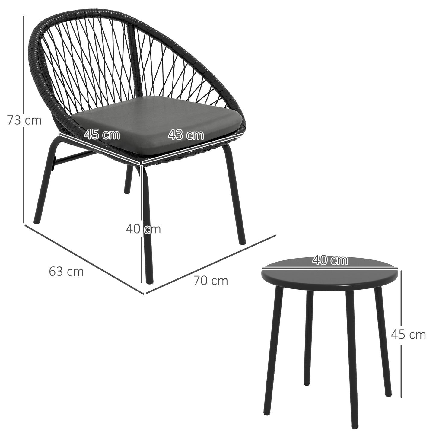 Lukeno Black Rattan Rope 3 Piece Outdoor Bistro Set Table and 2 Chairs Set