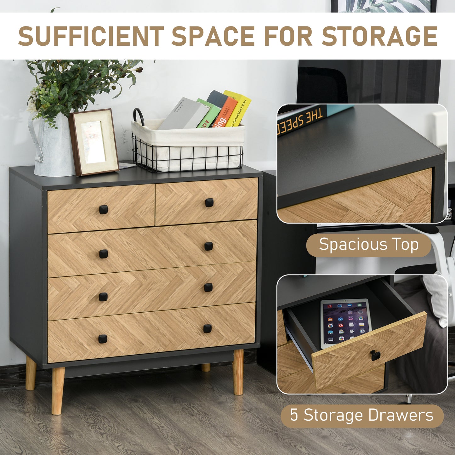 Lini Wooden Black and Natural Chevron 5 Drawer Dresser