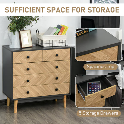 Lini Wooden Black and Natural Chevron 5 Drawer Dresser