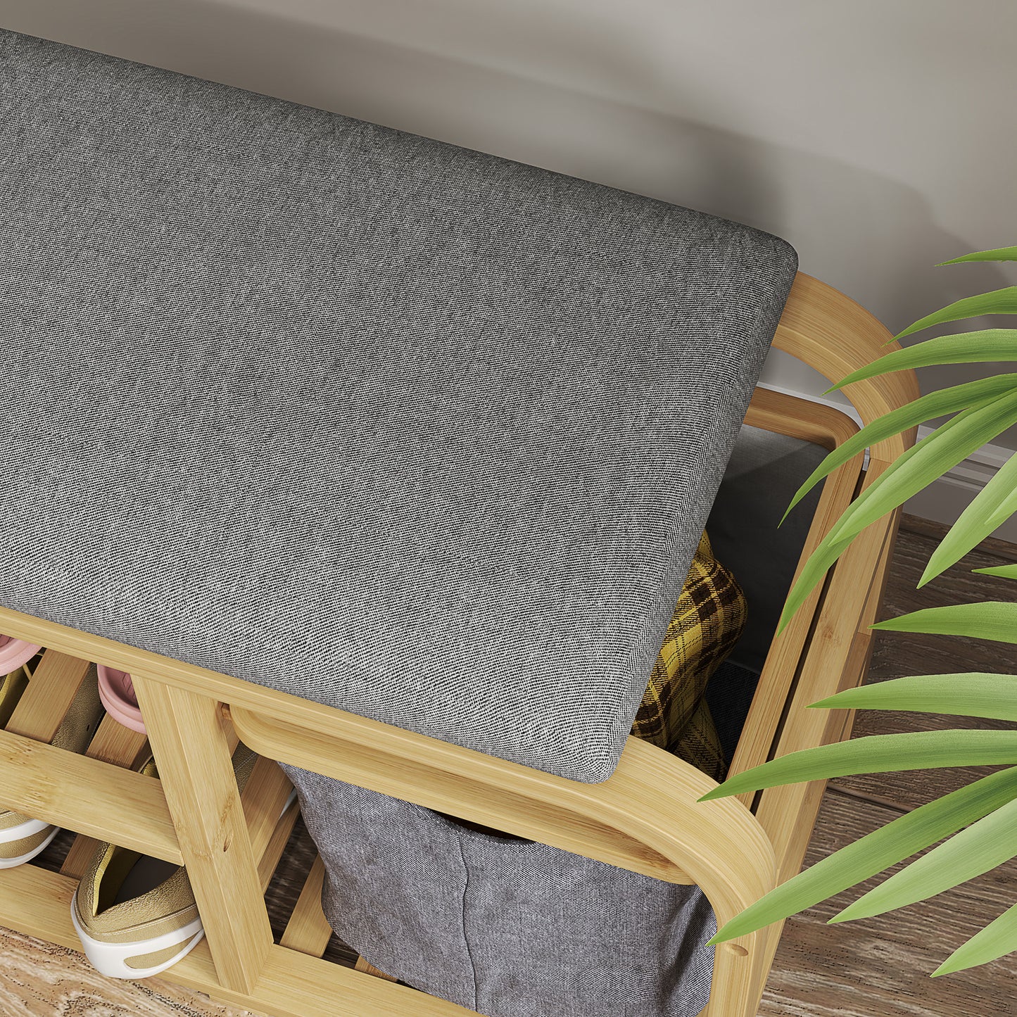 Mira Bamboo Natural Shoe Bench With Grey Padded Seat