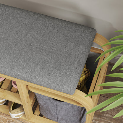 Mira Bamboo Natural Shoe Bench With Grey Padded Seat