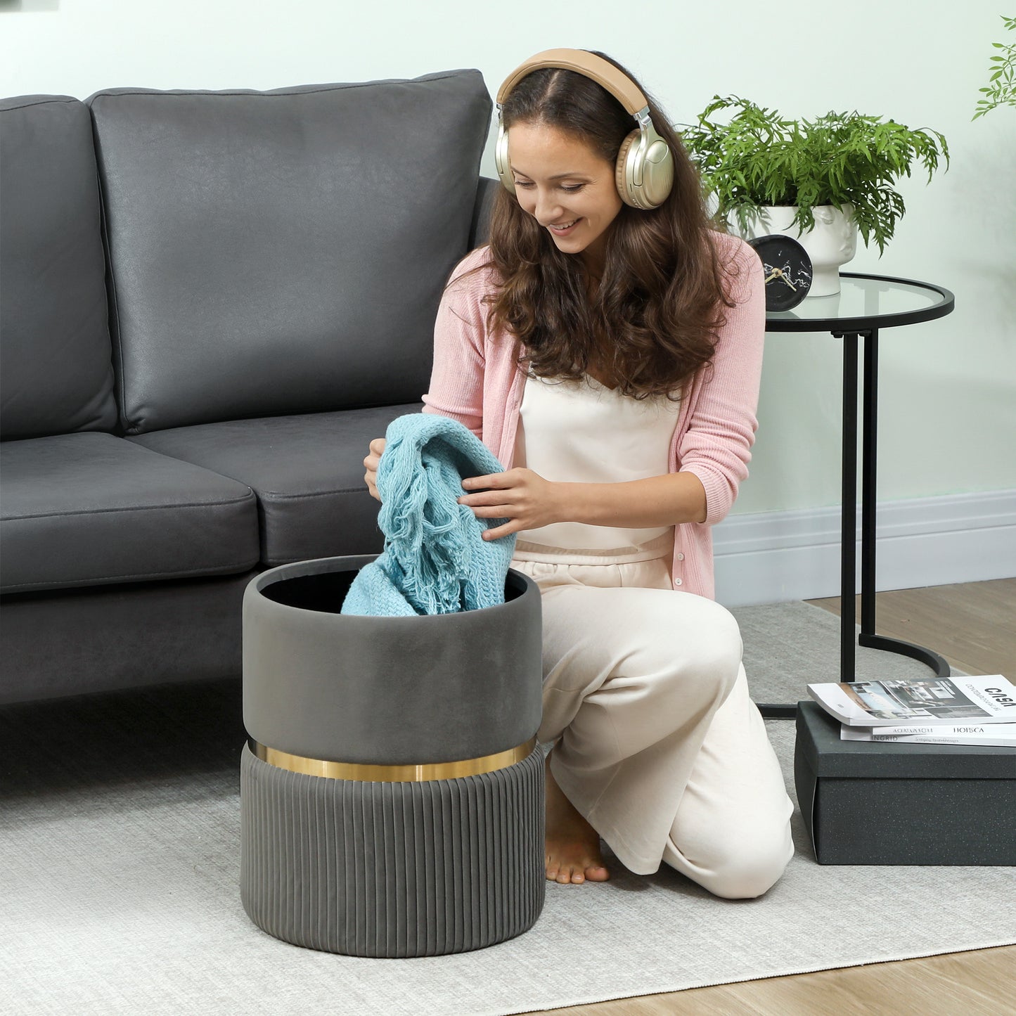 Vami Velvet Grey Storage Ottoman With Soft Upholstered Finish Gold Accent