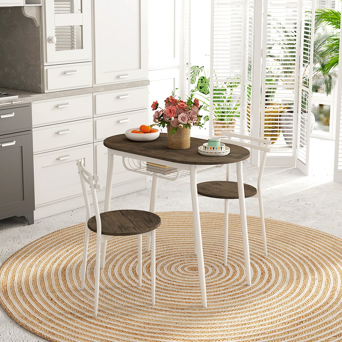 Naseva Metal And Wood Natural Oval Dining Table Set With 2 Chairs And Wire Storage
