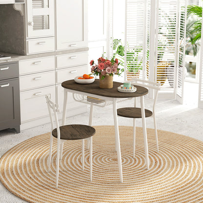 Naseva Metal And Wood Natural Oval Dining Table Set With 2 Chairs And Wire Storage
