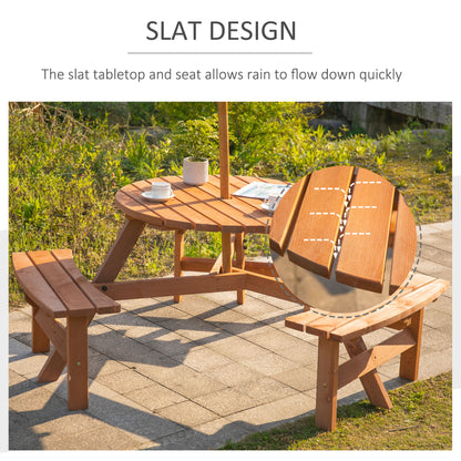 Bare Wood Brown Red 6 Seater Round Picnic Table With 3 Benches And Parasol Hole