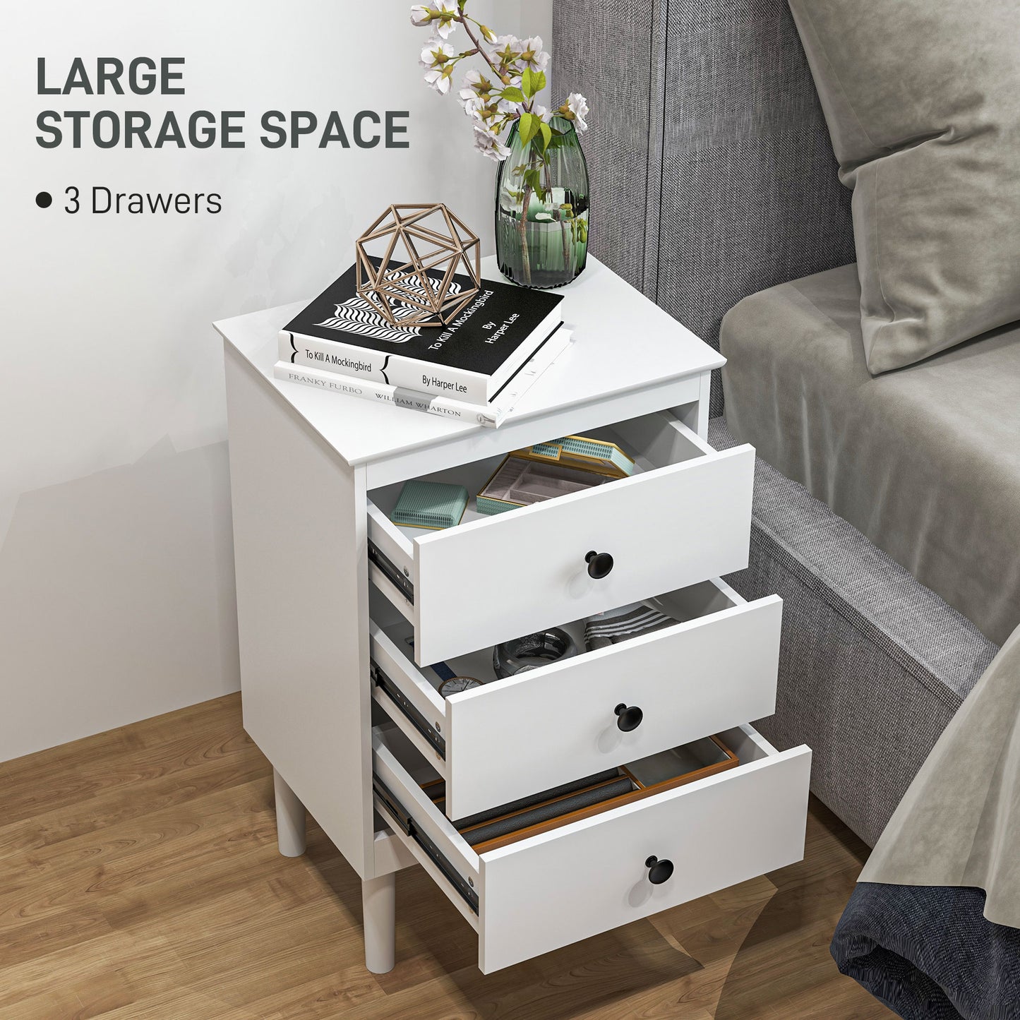 Latato Wooden White Set Of 2 Bedside Tables with 3 Drawers