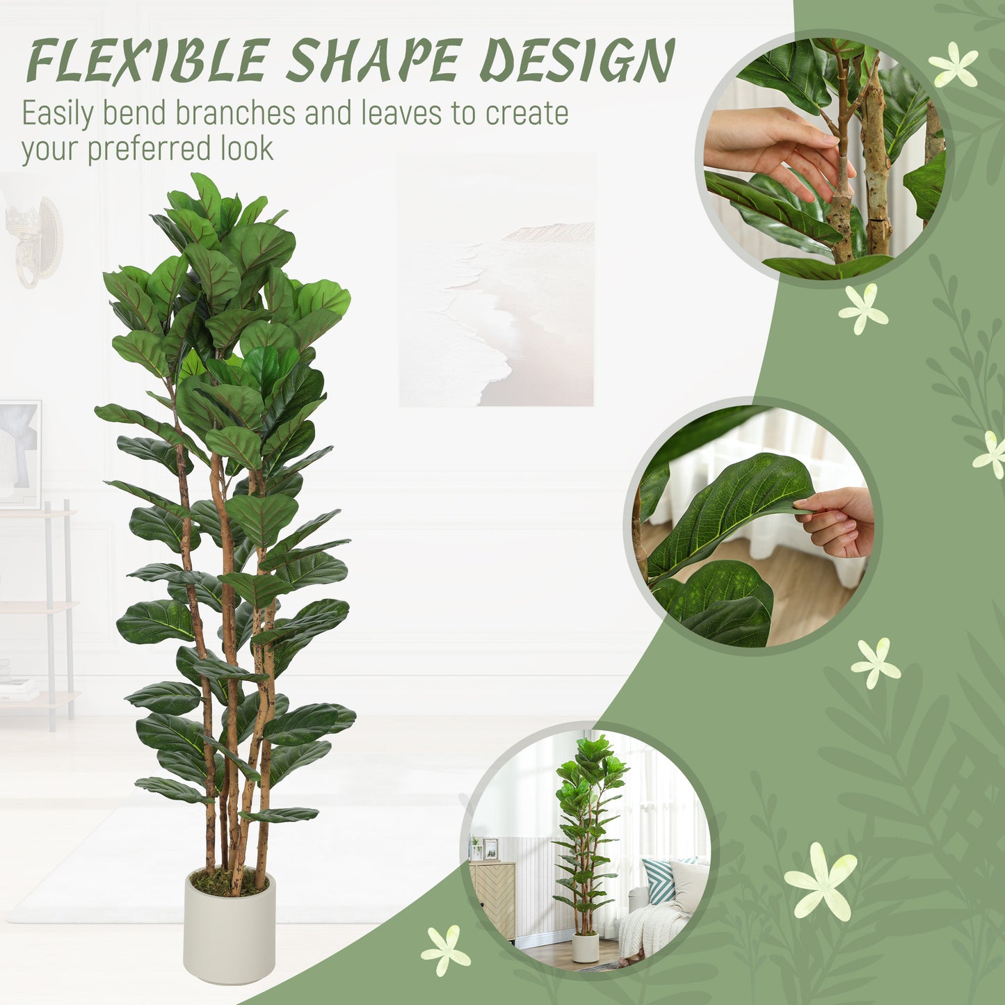 Racori Artificial Fiddle Leaf Fig Style Tree With Full Canopy 180cm Green