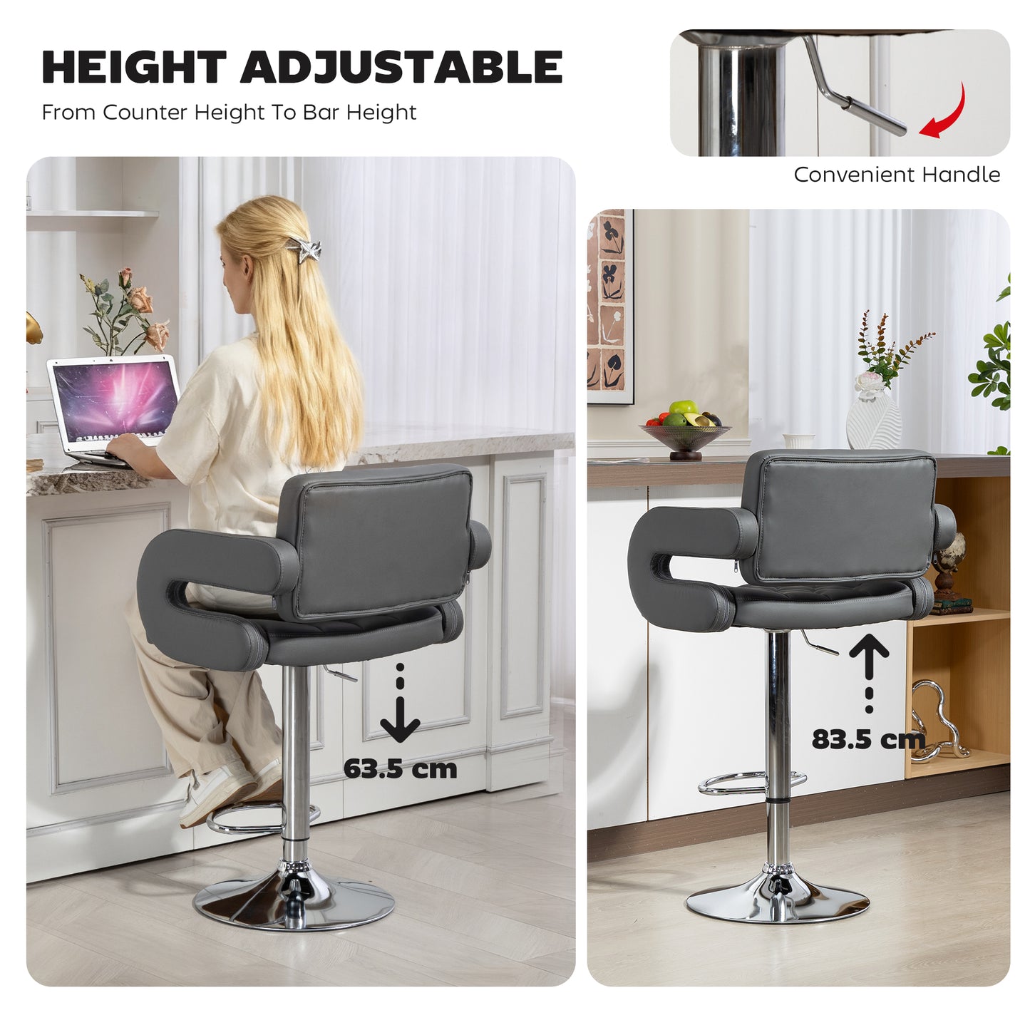 Sacorte Grey Faux Leather Adjustable Swivel Bar Stool With Armrests