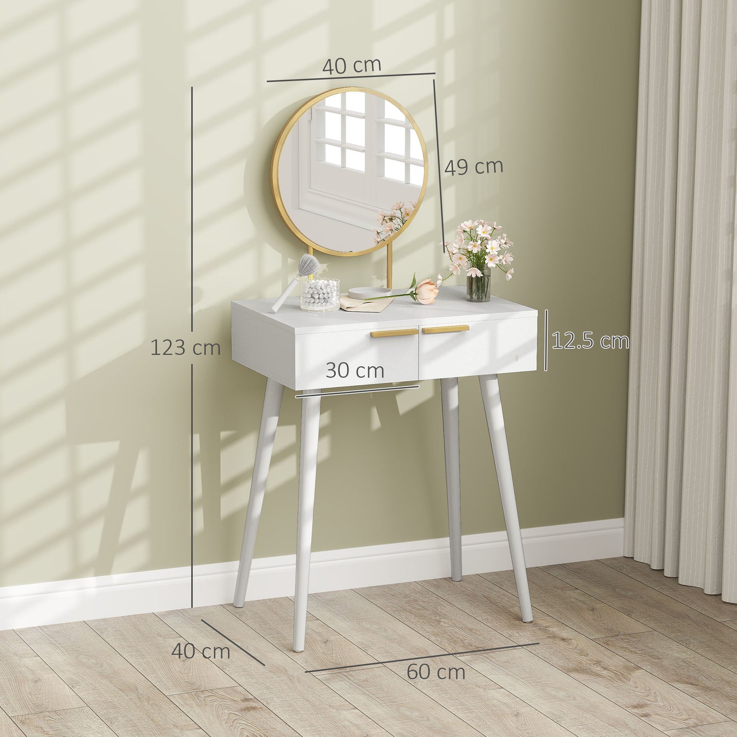 Sovaha White Elegant Dressing Table With Round Mirror 60 x 40 x 123cm