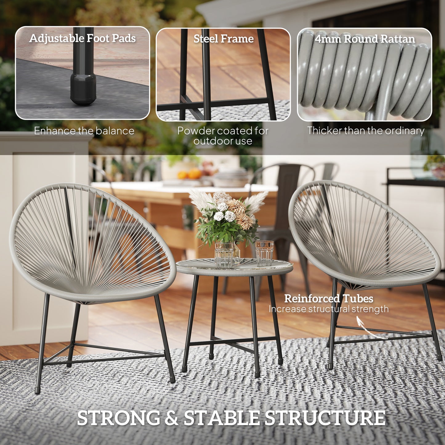 Nibaco Rattan Rope Grey 3 Piece Outdoor Garden Bistro Set With Glass Top Table
