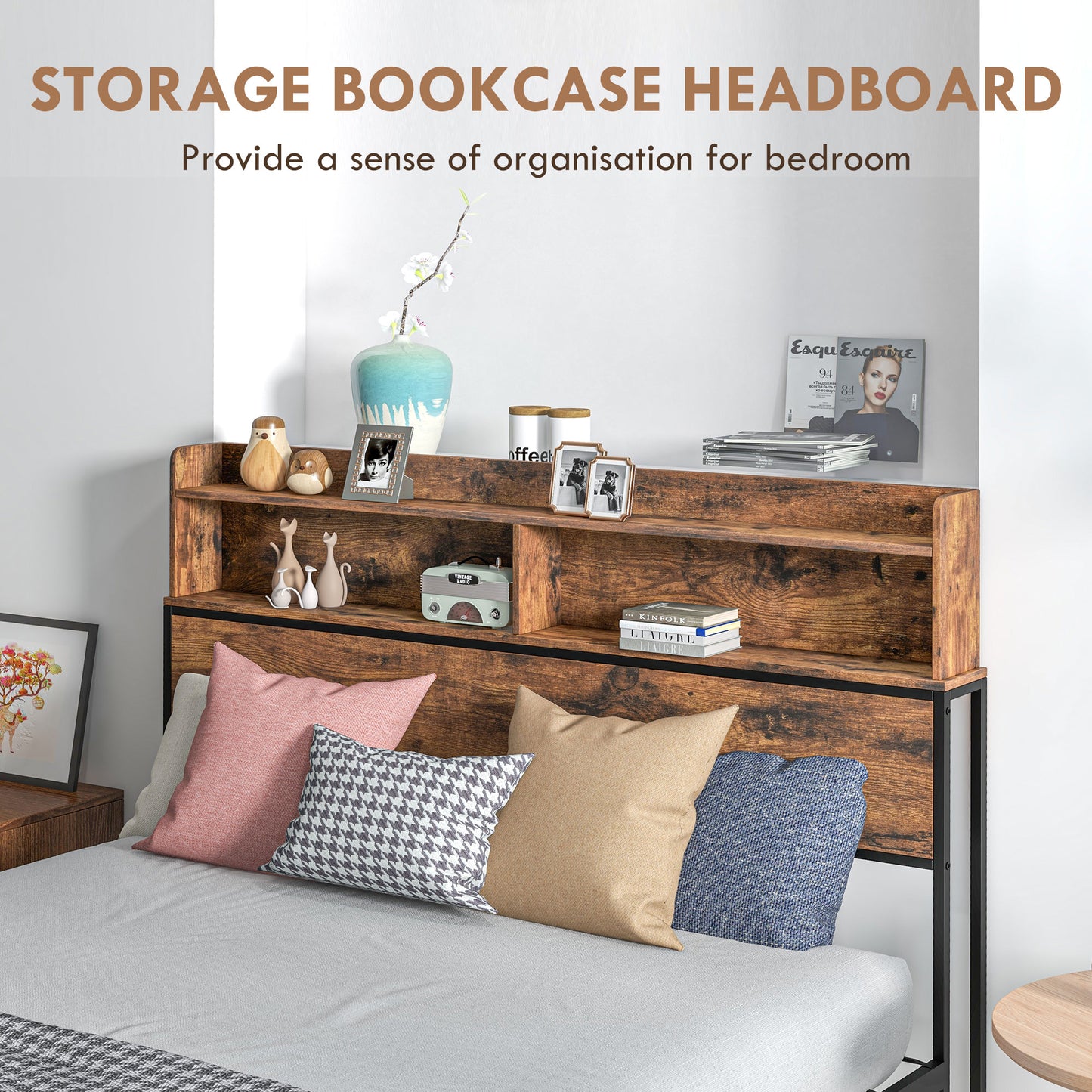 Sata 4FT8 Rustic Brown and Black Industrial Double Bed Frame with Shelves