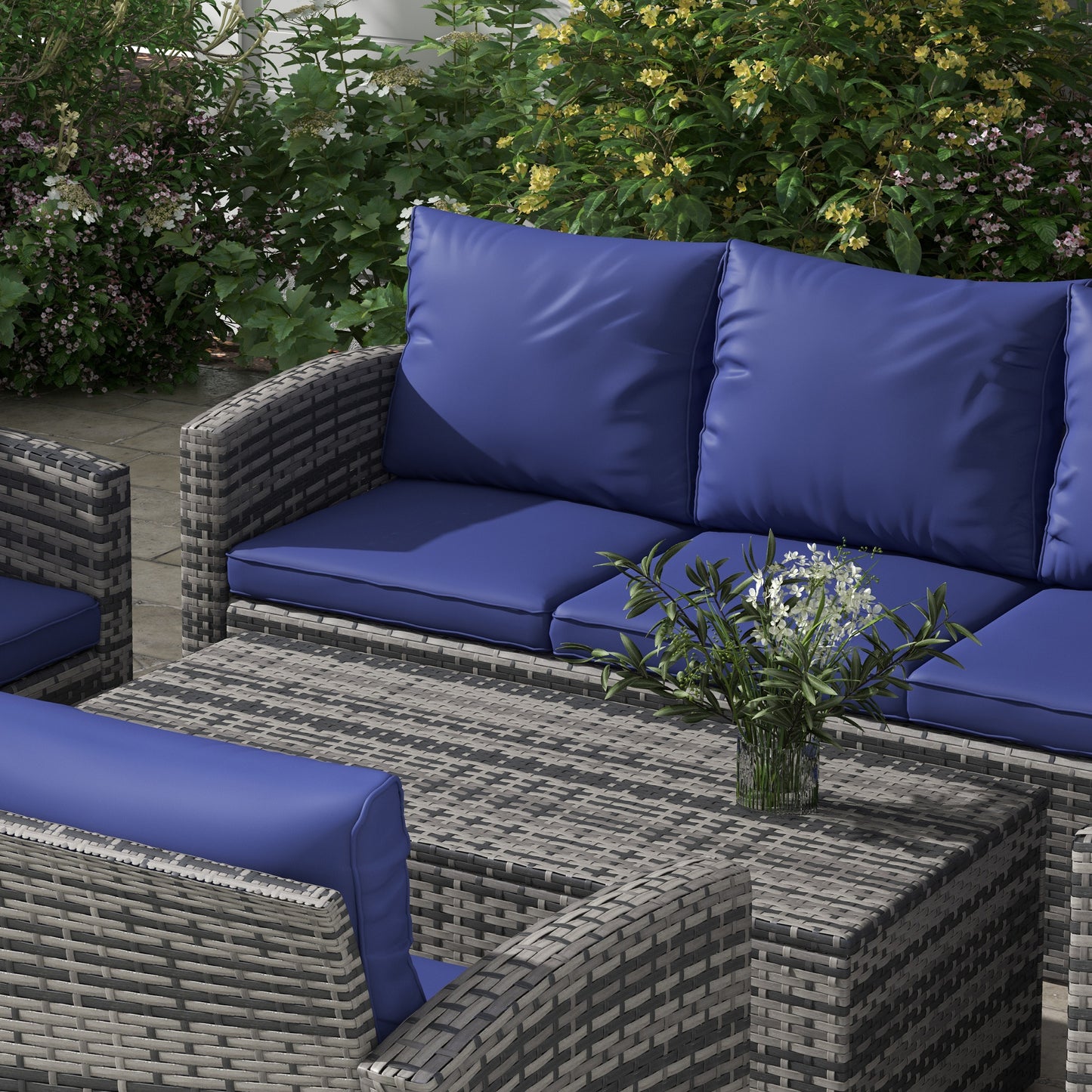 Resuno Grey Rattan Navy Blue 7 Seater Outdoor Sofa Set With Storage Tables