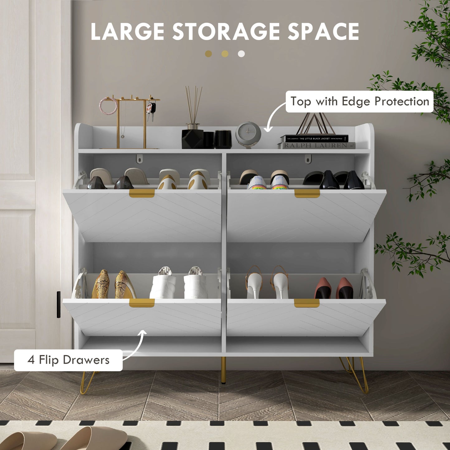 Zikase Wooden White Chevron Slim Shoe Cabinet With 4 Flip Drawers For 16 Pairs