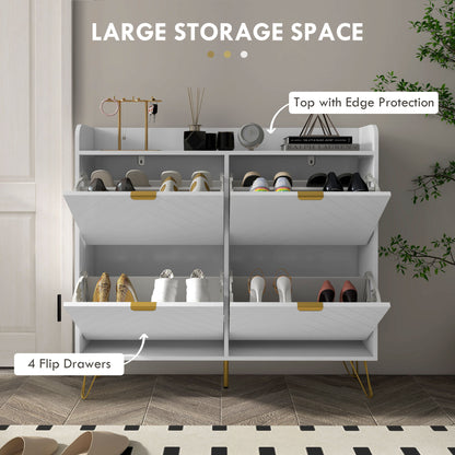 Zikase Wooden White Chevron Slim Shoe Cabinet With 4 Flip Drawers For 16 Pairs