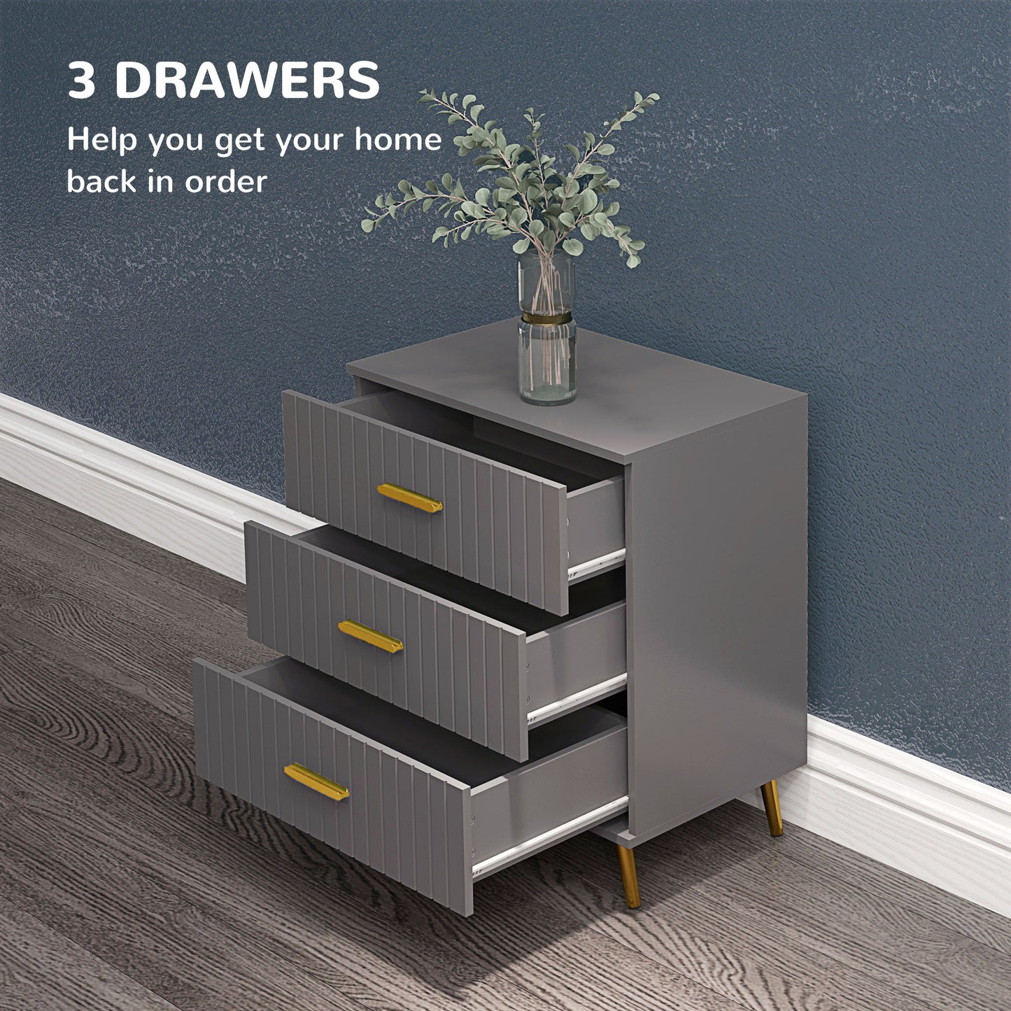 Momase Tall Wooden Grey And Gold Tone 3 Drawer Embossed Bedside Table