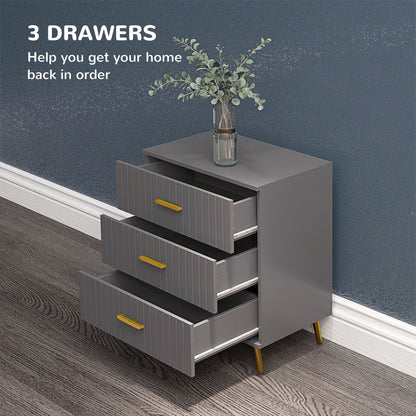 Momase Tall Wooden Grey And Gold Tone 3 Drawer Embossed Bedside Table