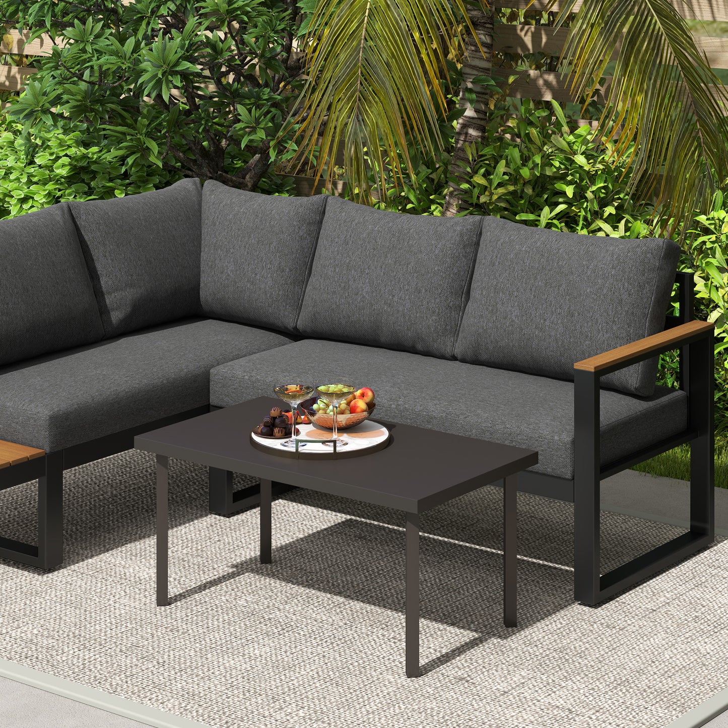 Satami Metal And Wooden Brown Outdoor Rectangular Coffee Table With Woodgrain Top