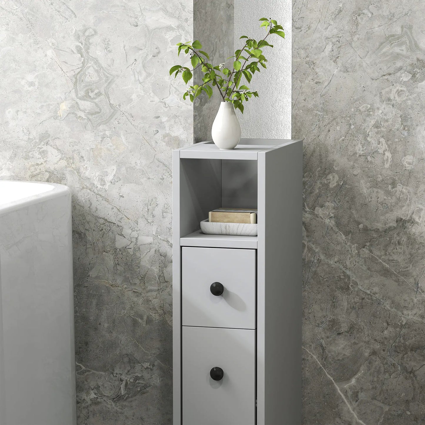 Slim Grey Bathroom Storage Cabinet With Compact Footprint