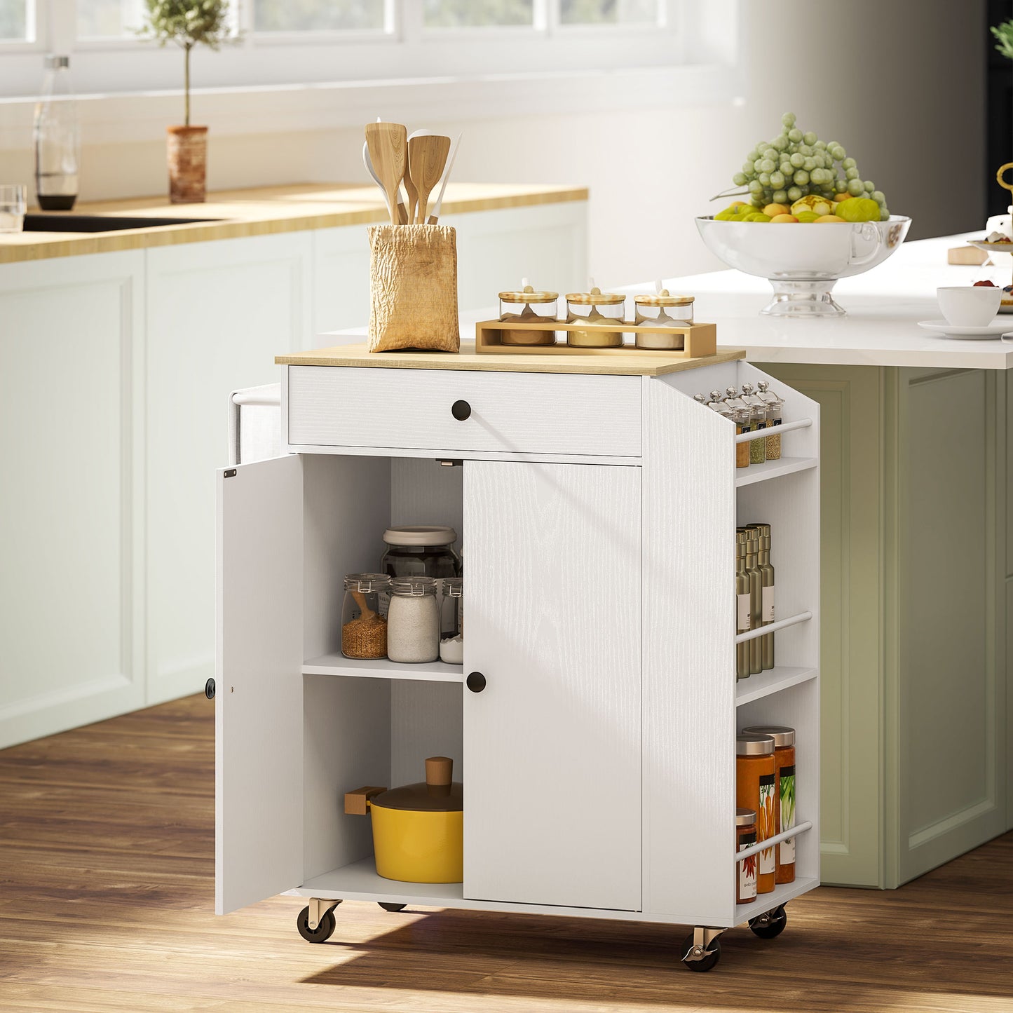 Semi Wooden White Rolling Kitchen Island With Drawer 3 Tier Spice Rack And Towel Rail