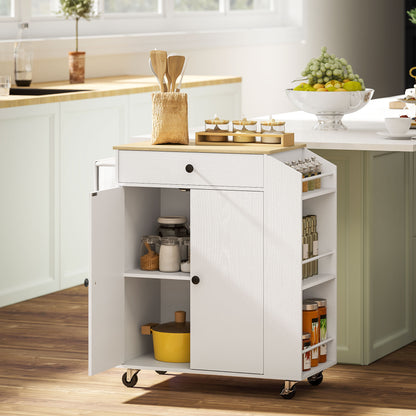 Semi Wooden White Rolling Kitchen Island With Drawer 3 Tier Spice Rack And Towel Rail