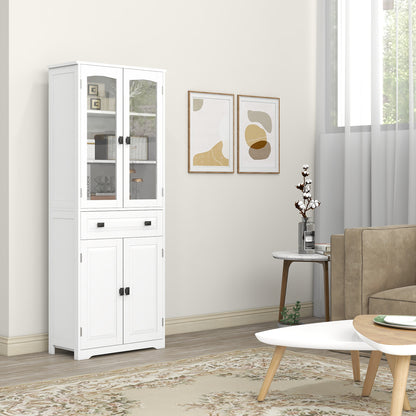 Cotase 160cm Wooden White Kitchen Cupboard With Adjustable Shelves Drawer And Glass Door