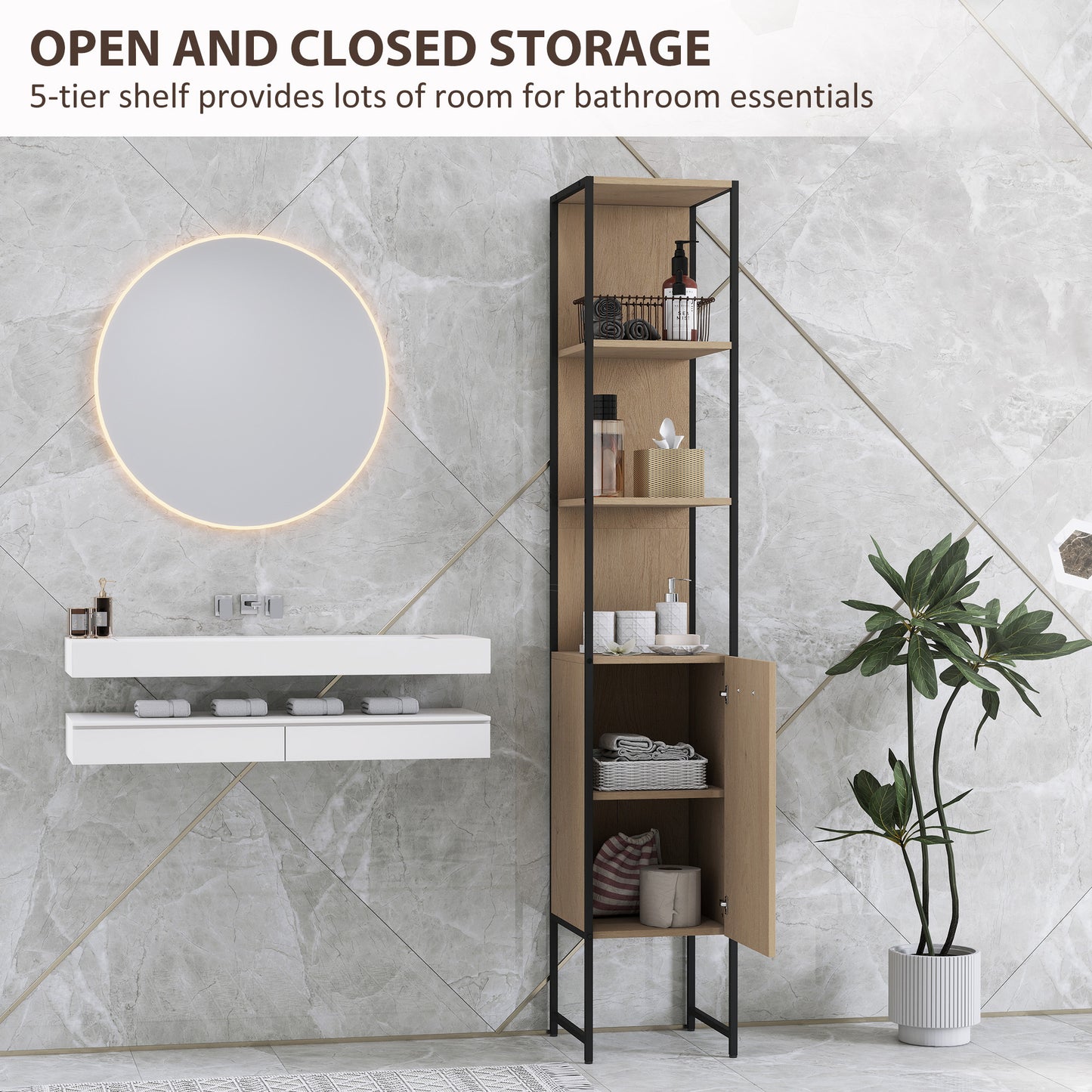 Supave Tall Bathroom Storage Cabinet With OFauxn Shelving And Adjustable Interior Natural Wood Finish