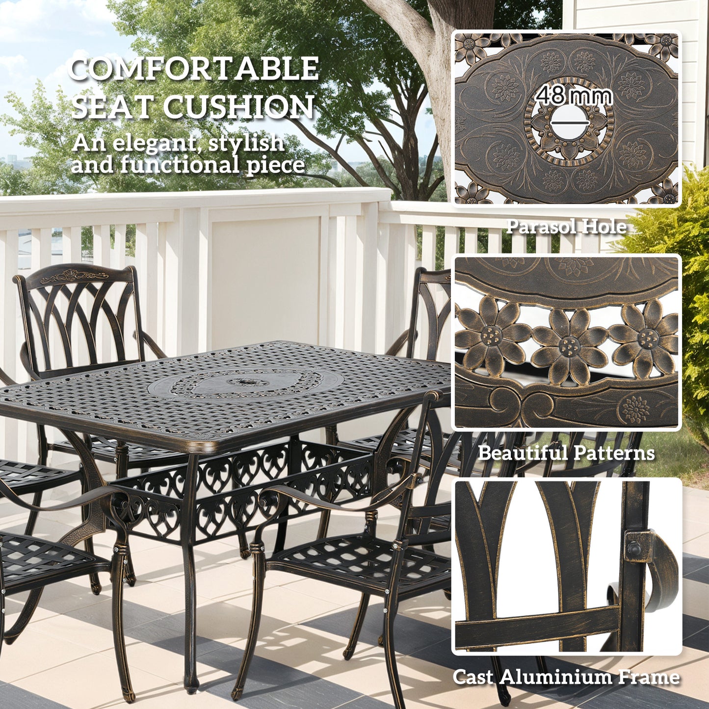 Dilara 6 Seater Bronze Cast Aluminium Garden Dining Set Rectangle Table Parasol Hole