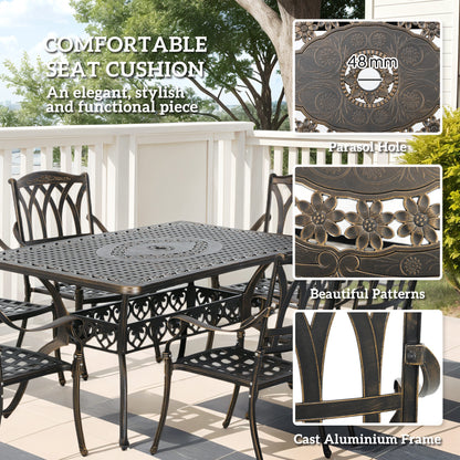 Dilara 6 Seater Bronze Cast Aluminium Garden Dining Set Rectangle Table Parasol Hole