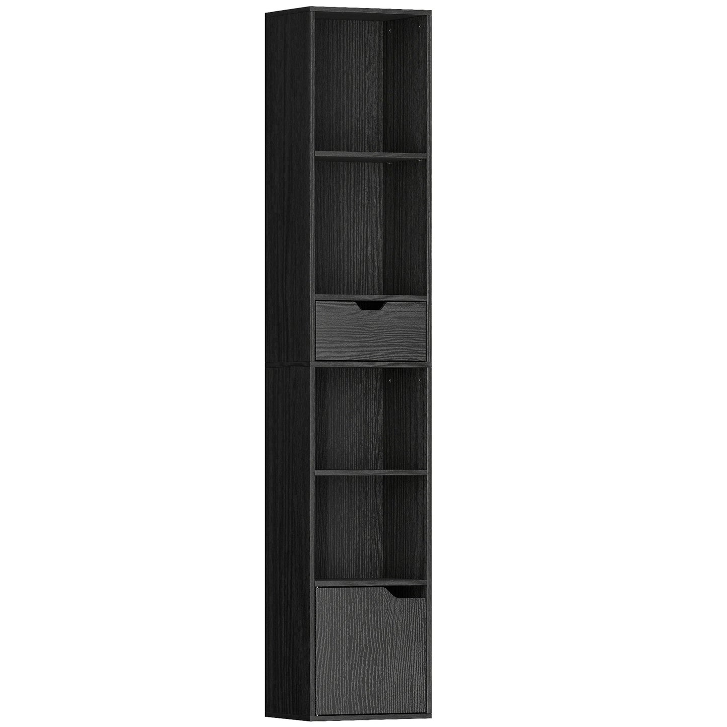 Nota Wooden Black Tall Narrow 6 Tier Bookcase With Drawer And Door