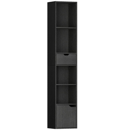 Nota Wooden Black Tall Narrow 6 Tier Bookcase With Drawer And Door