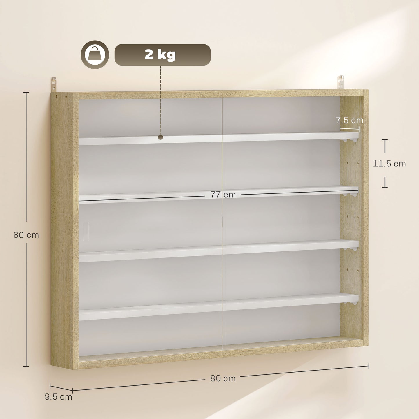 Nisa Vise Wood And Glass Natural Finish 5 Tier Wall Display Cabinet With Adjustable Shelves 60 x 80 cm