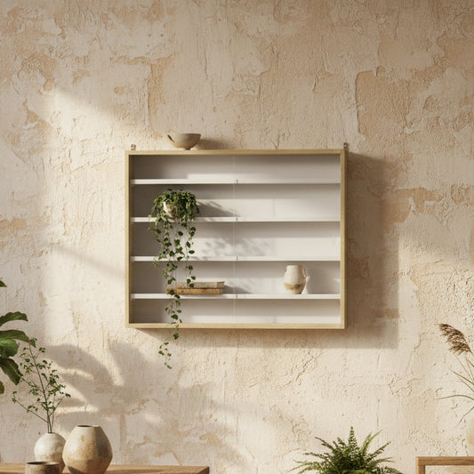 Nivise Wood And Glass Natural Finish 5 Tier Wall Display Cabinet With Adjustable Shelves 60 x 80 cm