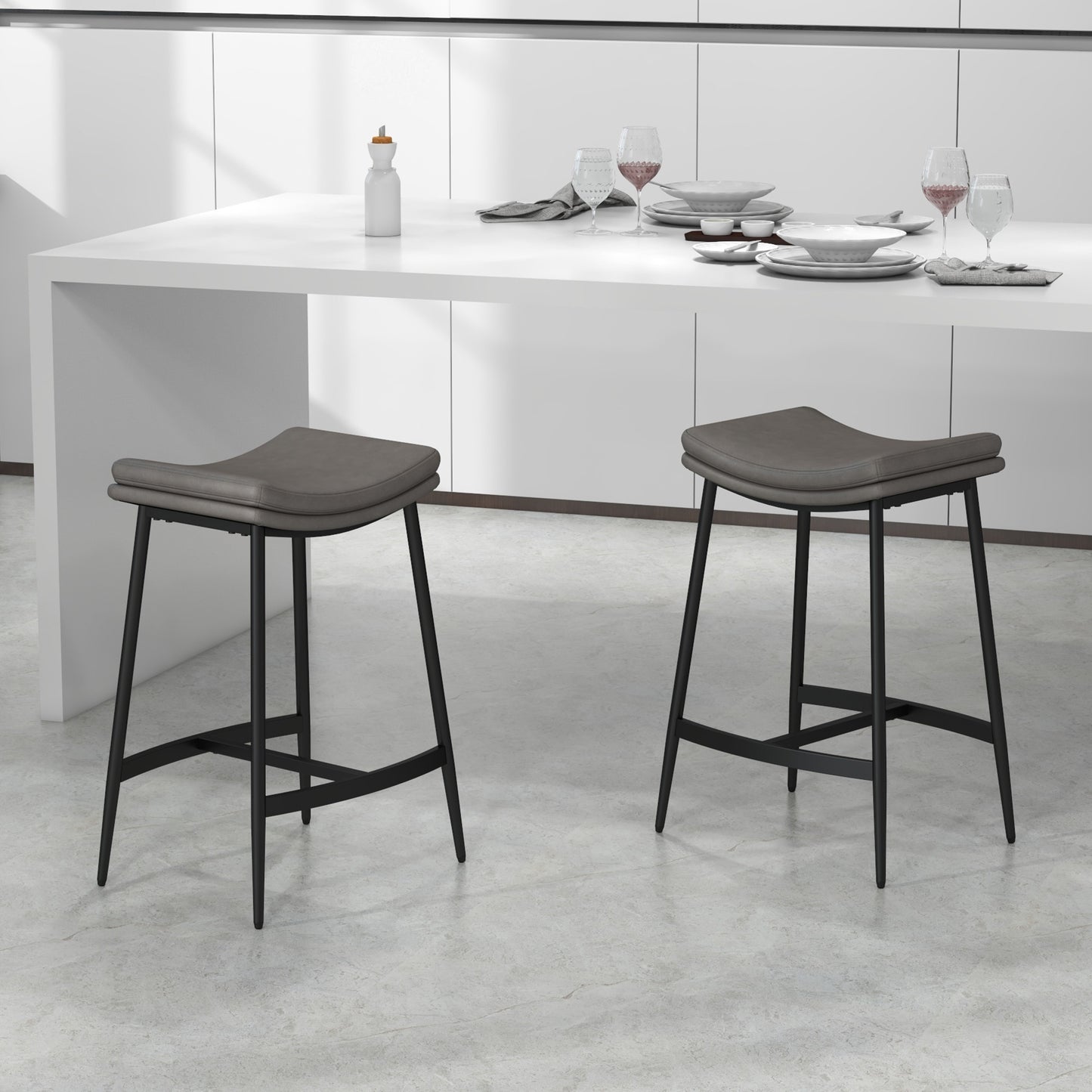 Ralura Microfiber Grey Industrial Breakfast Bar Stools Set Of 2 With Curved Seat