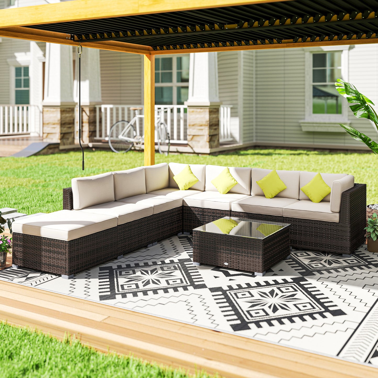 Dobazi  Mixed Brown Rattan 6 Seater Corner Sofa Set With Cushions And Glass Coffee Table