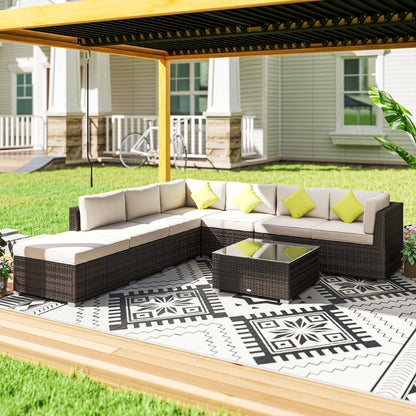 Dobazi  Mixed Brown Rattan 6 Seater Corner Sofa Set With Cushions And Glass Coffee Table
