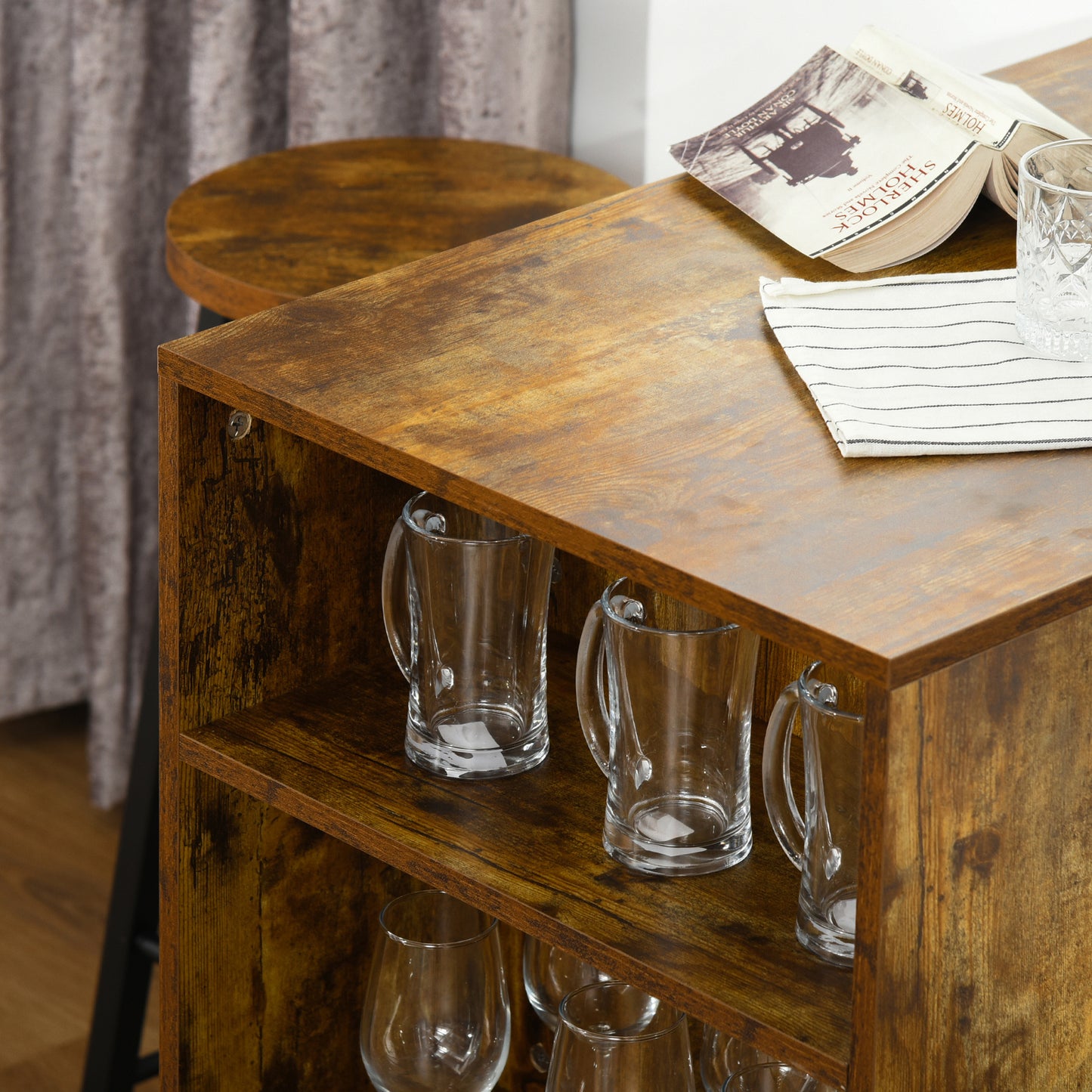 Vasori Metal And Wooden Industrial 3 Piece Bar Table Set With Storage Shelving