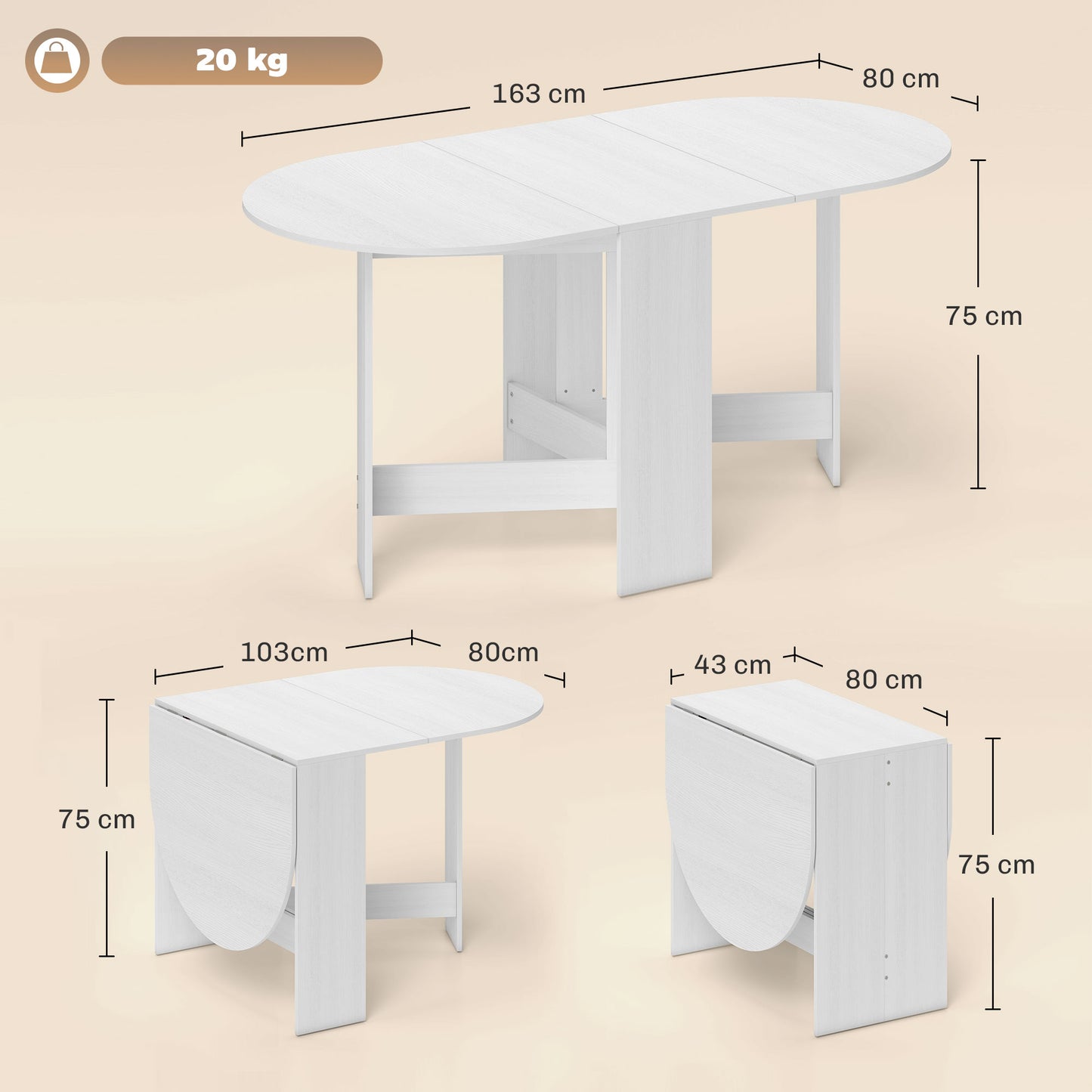 Ziri Wooden White Washed Finish Oval Drop Leaf Dining Table For Small Spaces