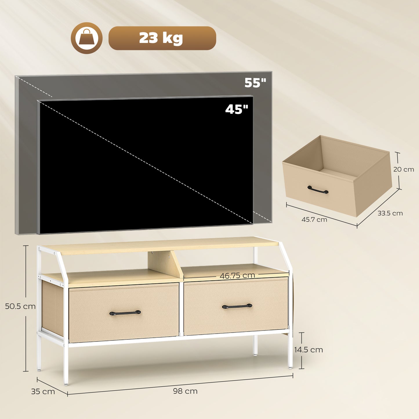 Avamira Small 98cm Natural and White TV Stand With Foldable Drawers for TV's up to 55 Inches