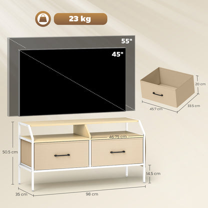 Avamira Small 98cm Natural and White TV Stand With Foldable Drawers for TV's up to 55 Inches