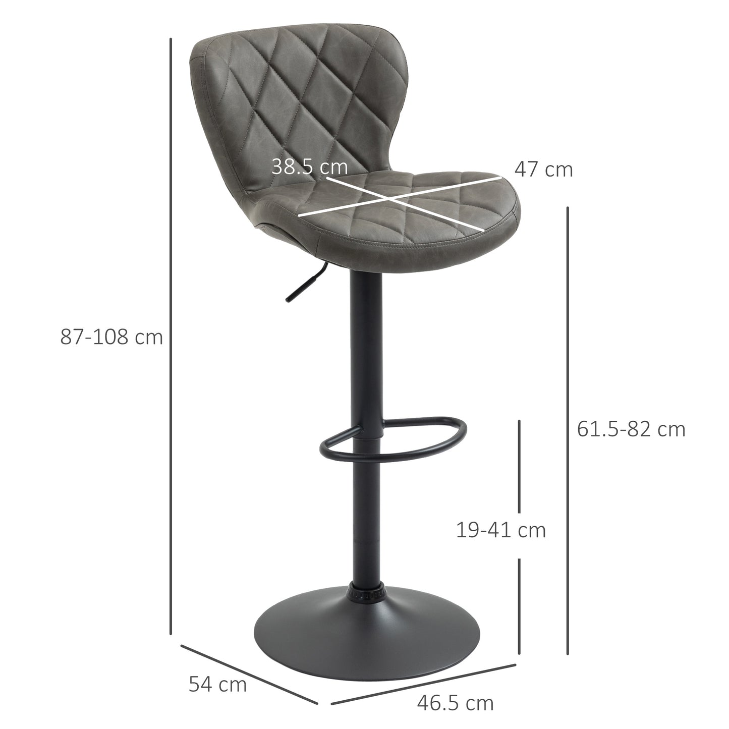 Moliyo Set Of 2 Dark Grey Swivel Bar Stools With Diamond Pattern And Steel Frame
