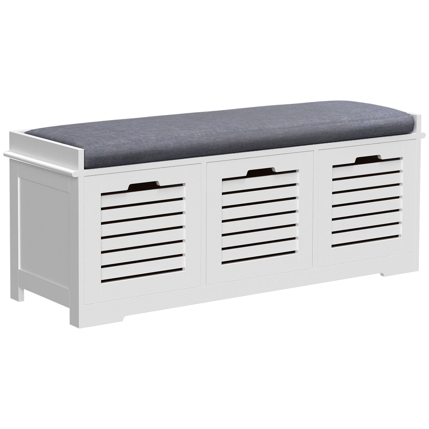 Vesava Wooden White 3 Drawer Slatted Shoe Storage Bench with Grey Padded Seat