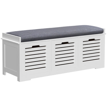 Vesava Wooden White 3 Drawer Slatted Shoe Storage Bench with Grey Padded Seat
