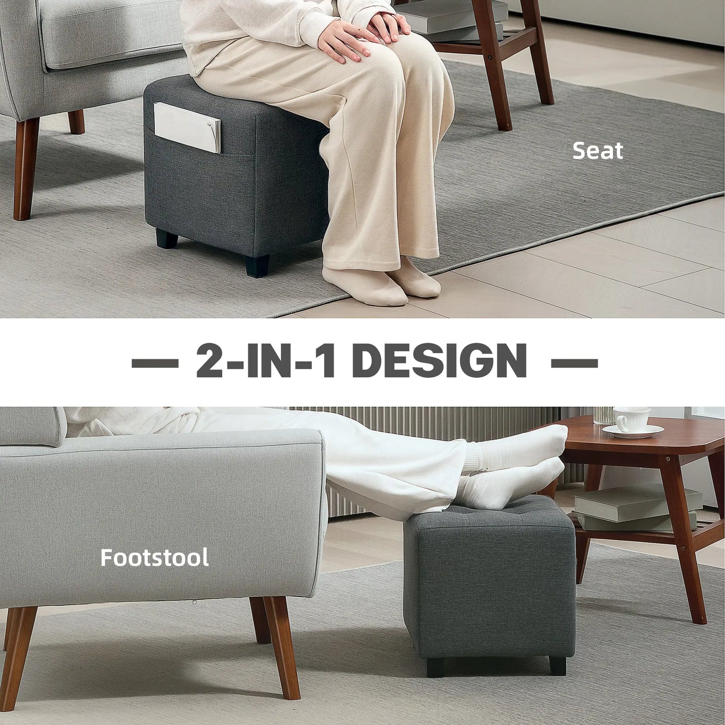 Linen Grey Compact Square Footstool With Side Pocket And Black Wooden Legs