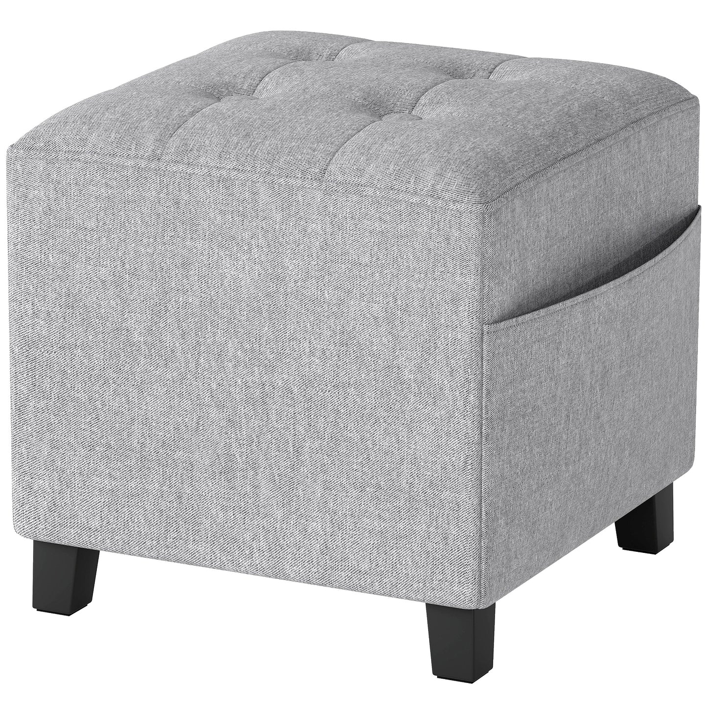 Linen Light Grey Compact Square Footstool With Side Pocket And Black Wooden Legs