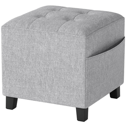 Linen Light Grey Compact Square Footstool With Side Pocket And Black Wooden Legs