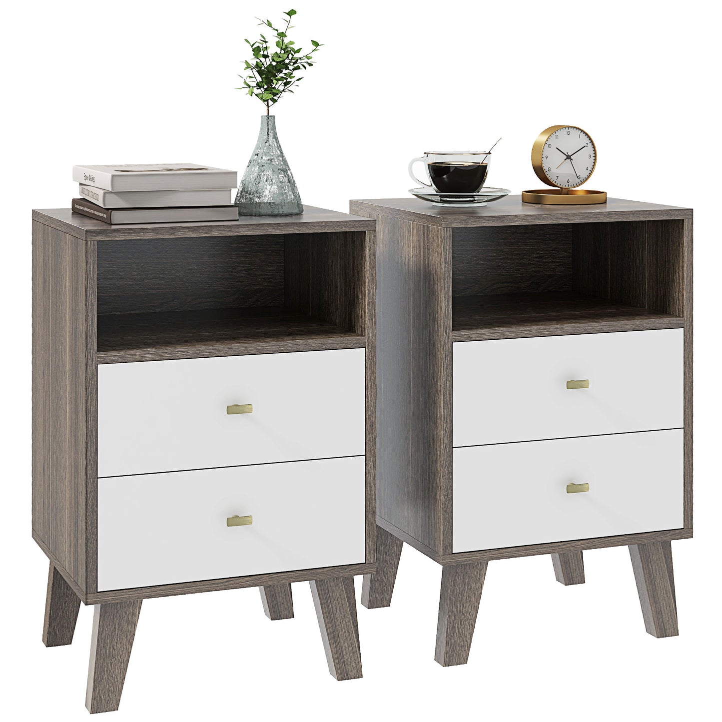 Cosana Grey and White Scandinavian Bedside Table With Drawers And Open Shelf