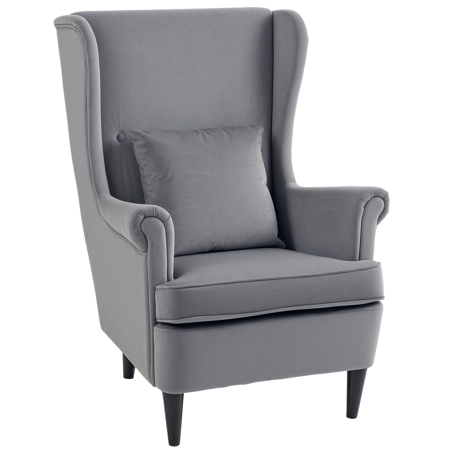 Harire Grey Velvet Wingback Accent Chair With High Back Pillow And Wooden Legs