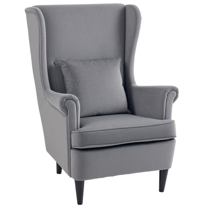 Harire Grey Velvet Wingback Accent Chair With High Back Pillow And Wooden Legs