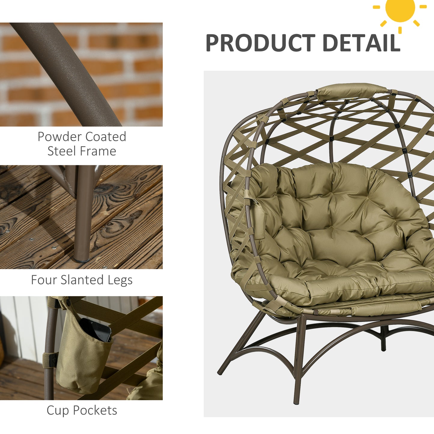 Vere Woven Rattan Khaki 2 Seater Folding Egg Chair With Cushions And Cup Holders