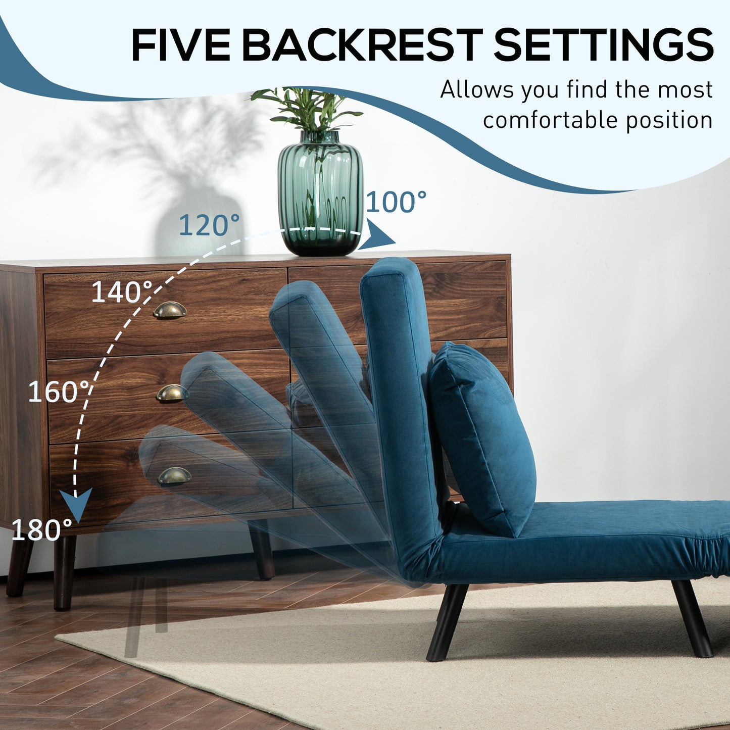 Mofa Nare Velvet Navy Blue 4 In One Convertible Single Chair Bed With Pillow